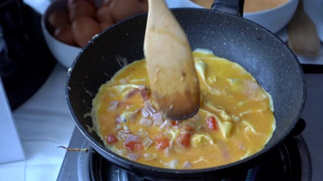 omlette cooking food with teflon pan homemade egg