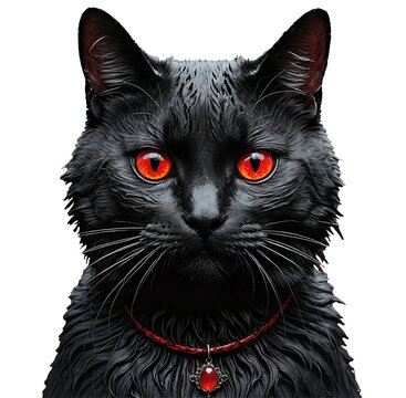 Witchy Familiar. Transparent Black Halloween Cat with Black Fur, Red Eyes and a Red pendant hanging from it's collar.