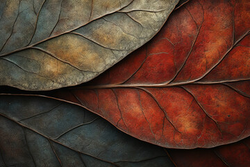 A close up of three leaves, one of which is red and the other two are blue