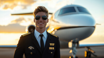 A pilot, wearing aviator sunglasses and a crisp uniform, stands confidently in front of a private jet at sunset.