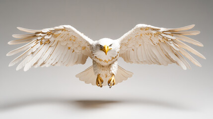 A majestic white eagle soars in mid-air, wings fully spread, exuding power and grace as it glides through a serene sky.