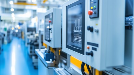 A close-up view of industrial control panels in a high-tech manufacturing facility showcasing automation technology