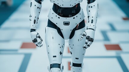 A close-up view of a humanoid robot in a modern environment, showcasing advanced technology and intricate design.