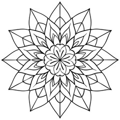 Intricate Mandala with Radiating Petals and Leaf Motifs - Detailed Linework Vector