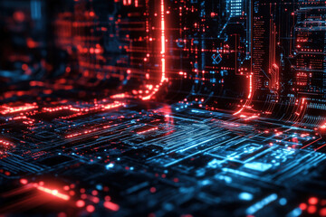 Obraz premium Exploring a futuristic digital landscape of glowing circuits and neon lights in a high-tech environment at dawn. Generative AI