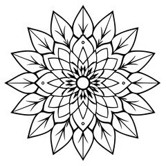 Intricate Mandala with Radiating Petals and Leaf Motifs - Detailed Linework Vector