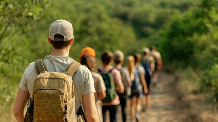 Fototapeta premium A diverse group of hikers exploring a scenic trail through lush greenery, embodying adventure and connection with nature.