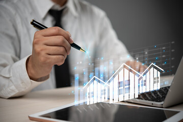 Real estate concept business, home insurance and real estate protection. Buy and sell houses and...