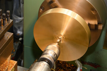 The hole drilling process on brass material parts by lathe machine.