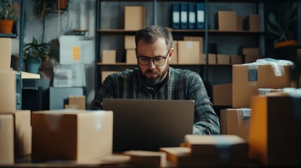 Obraz premium A focused man works on a laptop surrounded by unpacked boxes in a storage or office space.