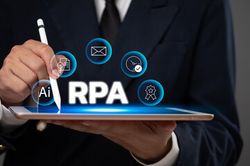 Business professionals interacting with digital interfaces, highlighting AI, RPA, and cybersecurity in a global context.