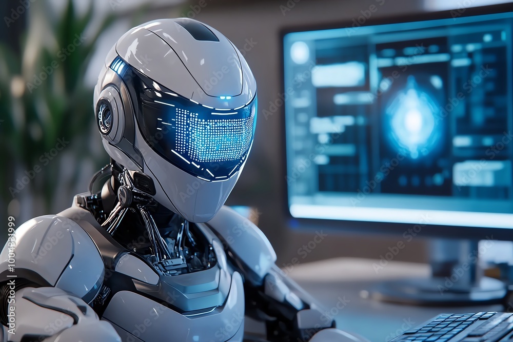 Poster 3d-rendered lab where scientists develop tomorrowâ€™s innovations, with fully animated ai assistants
