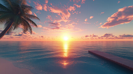 The sun sets over the ocean, casting vibrant hues of orange and blue across the sky. In front is an island with white sandy beaches, palm trees swaying in the breeze, and a small wooden pier leading 