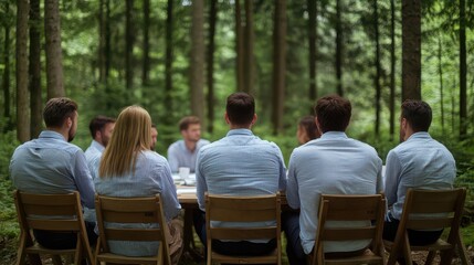 A group meeting in a serene forest setting, emphasizing teamwork and collaboration among professionals in nature.