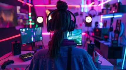 Obraz premium Person Streaming in a Vibrantly Lit Gaming Room