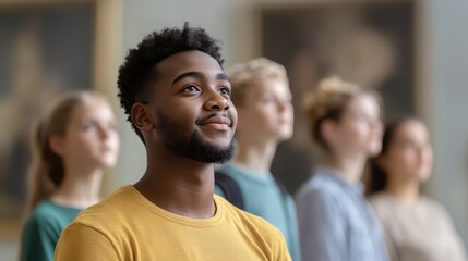 A group of young people engaging in a thoughtful moment, showcasing diversity and reflection in a vibrant setting.
