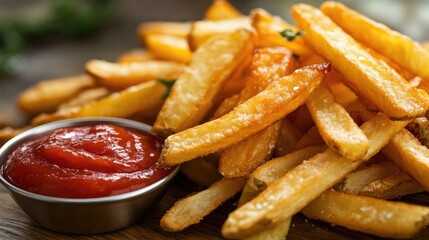 Close-Up of Golden French Fries with Ketchup, Perfect for Fast Food Meal or Lunch