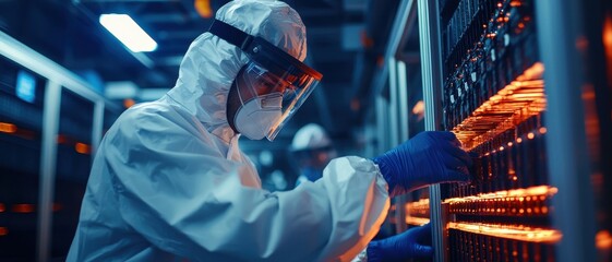 Technician in protective gear working on server equipment in a data center.