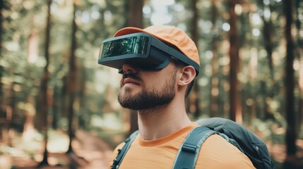 A man explores nature wearing virtual reality goggles, blending technology with the great outdoors in a forest setting.