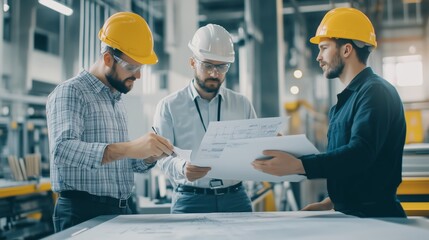 Engineers collaborating on construction plans at a modern facility during the daytime