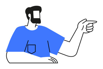 A bearded man with a blue shirt and black hair points to the right in a minimalistic vector style. Ideal for navigation, instructions, guidance, tutorials, and customer support themes. Simple line art