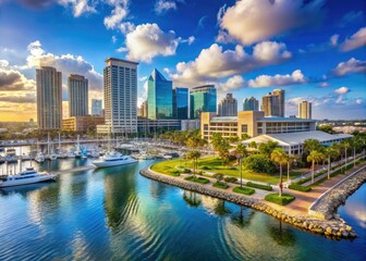 Scenic City View of San Diego with Marina Bay and Convention Center Surrounded by Hotels and Water