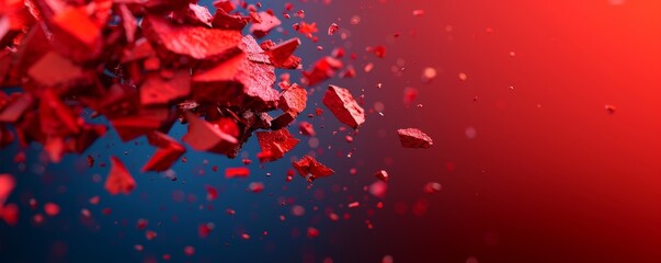 Dynamic explosion of red particles against a blue backdrop, creating a vibrant and striking visual effect.