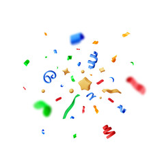 3D party ribbon confetti round isolated on white. Render color confetti collection. Colorful firecracker elements in various shapes. Party, holyday, surprise or birthday events. Vector illustration