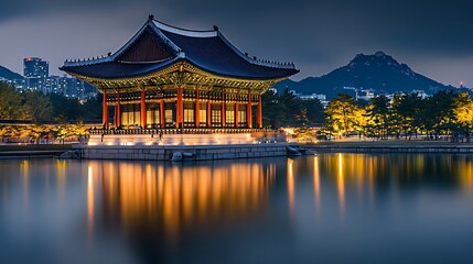Obraz premium Serene nighttime scene seoul palace with water reflection picture