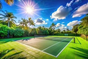Obraz premium Scenic outdoor tennis court surrounded by lush greenery and bright blue skies on a sunny day