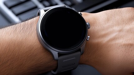 Sleek Smartwatch on Wrist:  A close-up of a modern smartwatch with a black screen on a man's wrist,  exuding style and technology.