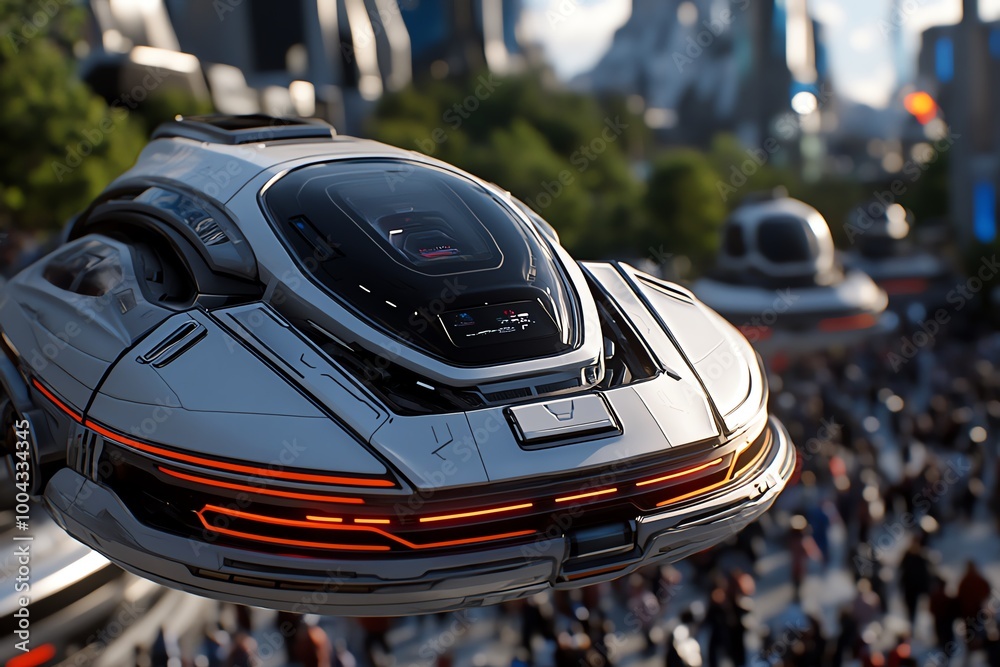 Poster A bustling futuristic downtown plaza with floating walkways and crowds of people, surrounded by advanced architecture and high-tech design
