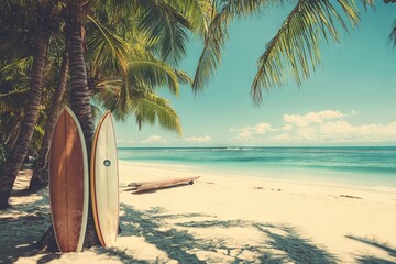 Vintage Surfboards on a Tropical Island Beach, AI generated illustration
