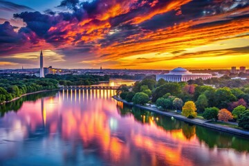 Fototapeta premium Scenic Sunset Over Potomac River in Washington DC Highlighting Urban Landscape and Twilight Sky