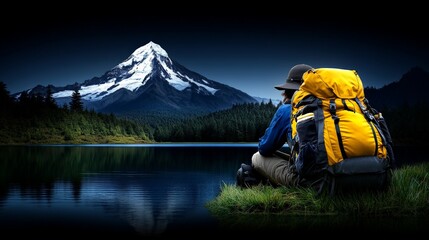 Mountaintop Reflection: A lone hiker sits by a tranquil lake, gazing at the majestic snow-capped peak of Mount Hood in the distance, captured in a breathtaking moment of solitude and reflection. 