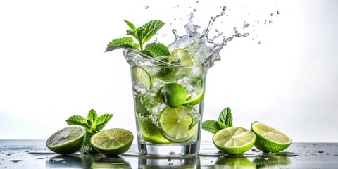 Mojito cocktail with lime and mint splashing in a glass on white background