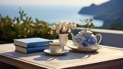 A table with books, teapot and cups against the backdrop of the ocean and mountain landscape.