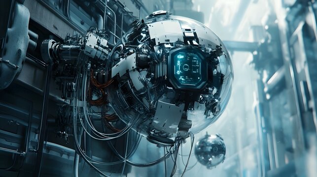 Futuristic Metallic Robotic Sphere in Advanced Digital Control System