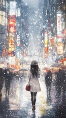 A girl in the city, walking with an umbrella under heavy snowfall, in the style of watercolor