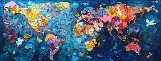 World Map Created from Ocean Plastic Waste, AI generated illustration