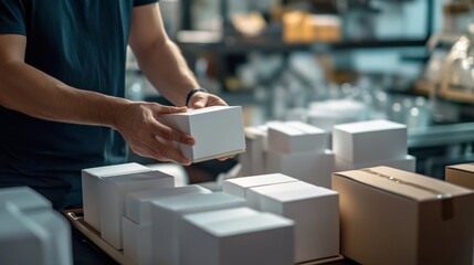 A person carefully organizes white boxes in a workspace, demonstrating logistics, packaging, and an efficient storage system.