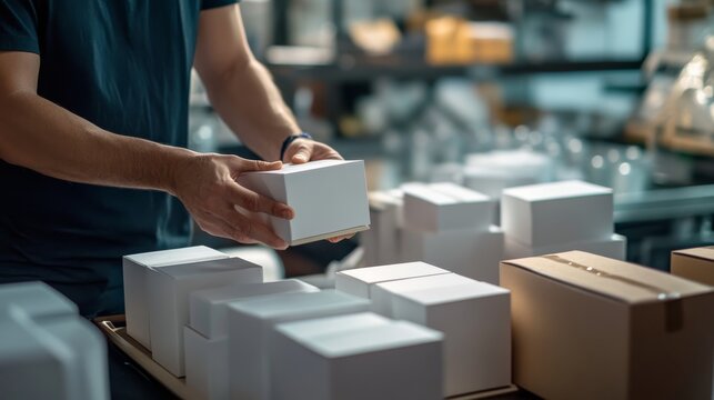 A person carefully organizes white boxes in a workspace, demonstrating logistics, packaging, and an efficient storage system.