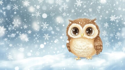 Fototapeta premium Cute owl cartoon sitting in the snow, surrounded by snowflakes and winter magic, an adorable winter animal illustration.