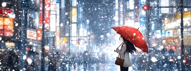 A girl in the city, walking with an umbrella under heavy snowfall, in the style of watercolor