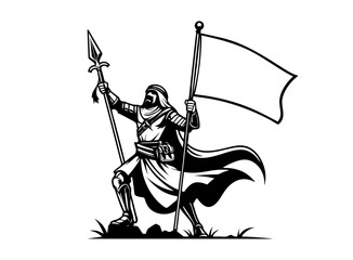 Cartoon illustration for an Arabian knight raising a blank flag template colouring page design