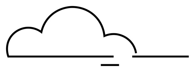 A simple black line drawing of a cloud with a horizontal line beneath it. Ideal for weather, minimalism, digital interfaces, data storage, and nature. Minimalist art style.