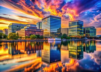 Scenic view of Potomac River waterfront office buildings with reflections on the water at sunset