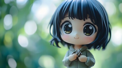 Chibi figure with large eyes and adorable expression holding a small accessory