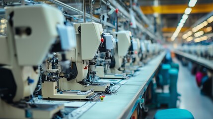 Modern sewing machines lined up in a large manufacturing facility during daylight work hours