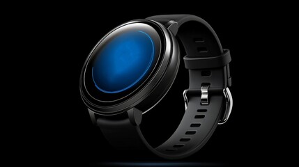Sleek Black Smartwatch with Blue Display: A minimalist, modern design showcases a black smartwatch with a vibrant blue display, highlighting its sleekness and technological prowess.  